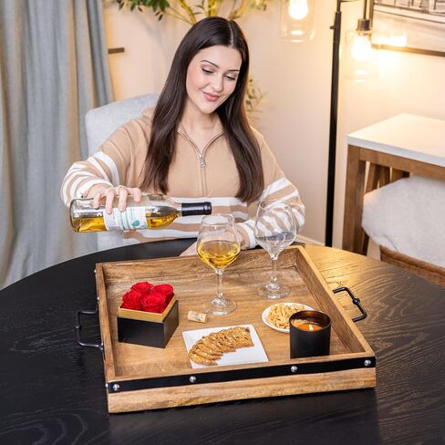 صينية عثمانية مربعة كبيرة جدًا مقاس 20 × 20 بوصة، مصنوعة من خشب المانجو عالي التحمل، لتقديم الشاي والإفطار في السرير وصينية طاولة قهوة كبيرة لغرفة المعيشة على الطراز الريفي مع مقابض مزخرفة وحزام مميز in Saudi Arabia