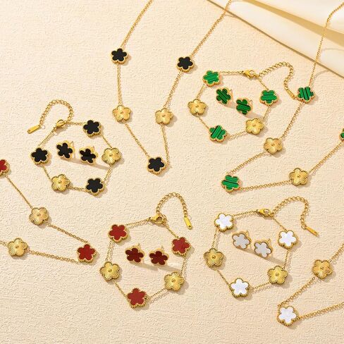 Lucky Clover Neckalce Earring Bracelet Set For Women Gold Plated Stainless Steel Chain Necklace with Flower Design Five Leaf Clover Earring Trendy Jewelry Set Gift in Saudi Arabia