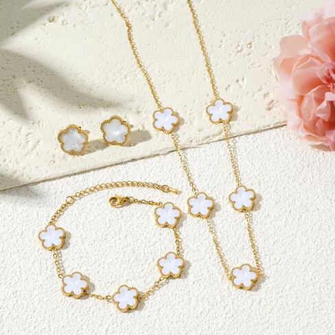 Lucky Clover Neckalce Earring Bracelet Set For Women Gold Plated Stainless Steel Chain Necklace with Flower Design Five Leaf Clover Earring Trendy Jewelry Set Gift in Saudi Arabia