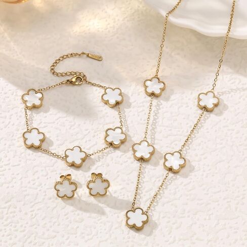 Lucky Clover Neckalce Earring Bracelet Set For Women Gold Plated Stainless Steel Chain Necklace with Flower Design Five Leaf Clover Earring Trendy Jewelry Set Gift in Saudi Arabia