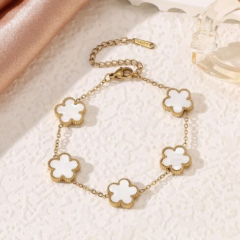 Lucky Clover Neckalce Earring Bracelet Set For Women Gold Plated Stainless Steel Chain Necklace with Flower Design Five Leaf Clover Earring Trendy Jewelry Set Gift in Saudi Arabia
