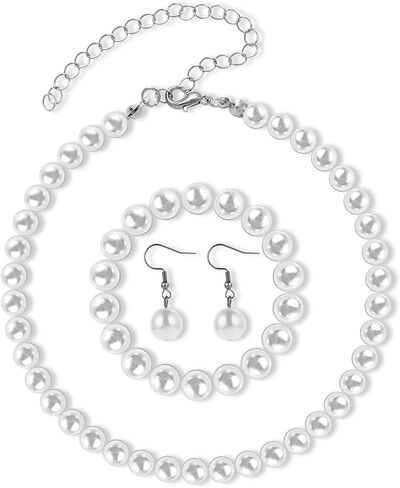 Pearl Necklace and Earring Set White Pearl Jewelry Set for Women Brides Wedding (8mm Necklace+10mm Earring Bracelet) in Saudi Arabia