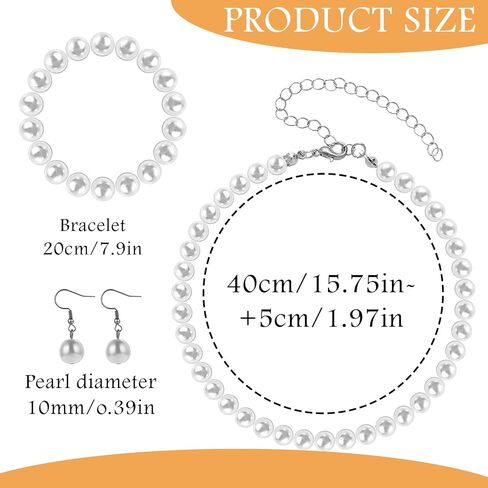 Pearl Necklace and Earring Set White Pearl Jewelry Set for Women Brides Wedding (8mm Necklace+10mm Earring Bracelet) in Saudi Arabia