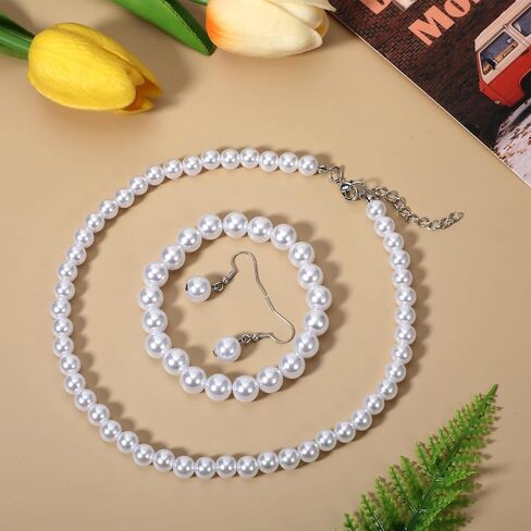 Pearl Necklace and Earring Set White Pearl Jewelry Set for Women Brides Wedding (8mm Necklace+10mm Earring Bracelet) in Saudi Arabia