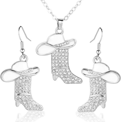 Cowgirl Cowboy Jewelry Set, Bohemian Rhinestone Western Boots Earrings & Cowgirl Necklace Rodeo Enamel Hat Boot Charm Drop Dangle Earrings Gifts for Women (White) in Saudi Arabia