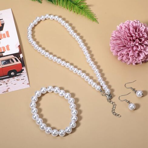 Pearl Necklace and Earring Set White Pearl Jewelry Set for Women Brides Wedding (8mm Necklace+10mm Earring Bracelet) in Saudi Arabia