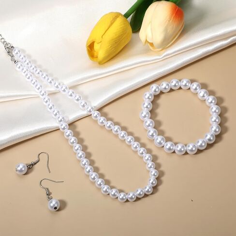 Pearl Necklace and Earring Set White Pearl Jewelry Set for Women Brides Wedding (8mm Necklace+10mm Earring Bracelet) in Saudi Arabia