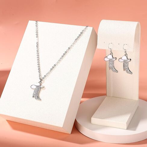 Cowgirl Cowboy Jewelry Set, Bohemian Rhinestone Western Boots Earrings & Cowgirl Necklace Rodeo Enamel Hat Boot Charm Drop Dangle Earrings Gifts for Women (White) in Saudi Arabia