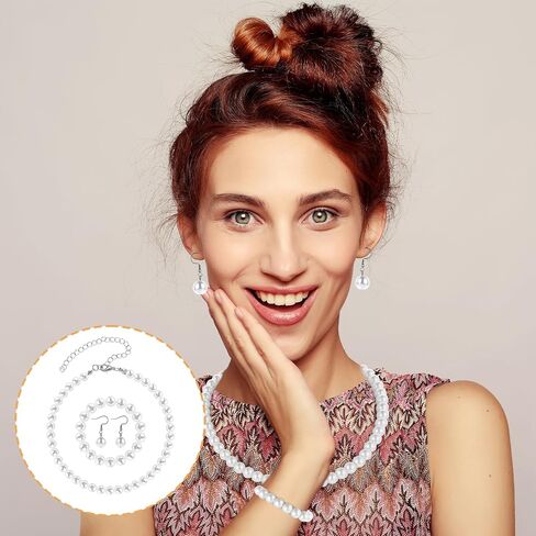 Pearl Necklace and Earring Set White Pearl Jewelry Set for Women Brides Wedding (8mm Necklace+10mm Earring Bracelet) in Saudi Arabia