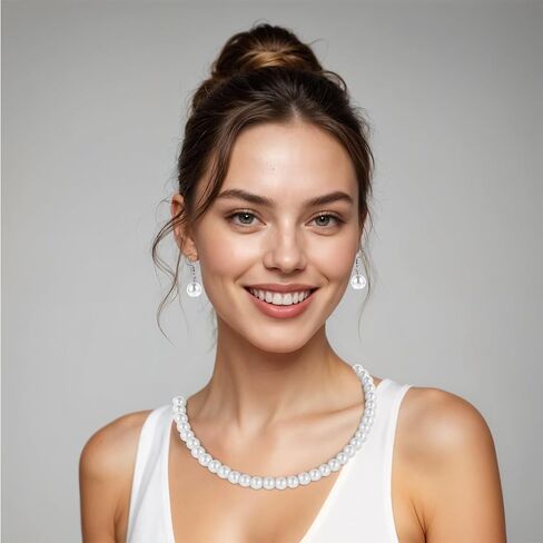 Pearl Necklace and Earring Set White Pearl Jewelry Set for Women Brides Wedding (8mm Necklace+10mm Earring Bracelet) in Saudi Arabia