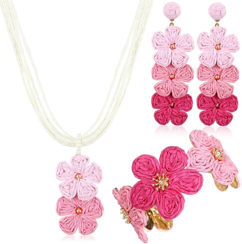 مجموعة مجوهرات Tondiamo 3 قطع من مجوهرات Boho Raffia قلادة زهرة الأقحوان، سوار واسع مفتوح، أقراط، مجوهرات الشاطئ البوهيمية الصيفية القابلة للتعديل للنساء in Saudi Arabia
