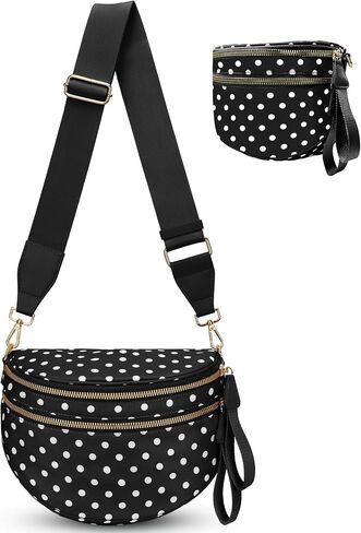 Spacious Crossbody Bag Bum Bag for Women, Dot Print Checkered Purse Nylon Fanny Pack Belt Bag(Black) in Saudi Arabia