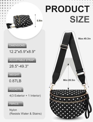 Spacious Crossbody Bag Bum Bag for Women, Dot Print Checkered Purse Nylon Fanny Pack Belt Bag(Black) in Saudi Arabia