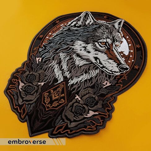 EMBROVERSE Masonic Wolf with Roses Large Back Patch - Glorious Animal Head - Mason Sign - Embroidered Iron On - 11.3 x 14.8 inches in Saudi Arabia