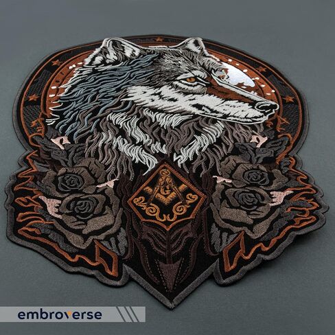 EMBROVERSE Masonic Wolf with Roses Large Back Patch - Glorious Animal Head - Mason Sign - Embroidered Iron On - 11.3 x 14.8 inches in Saudi Arabia