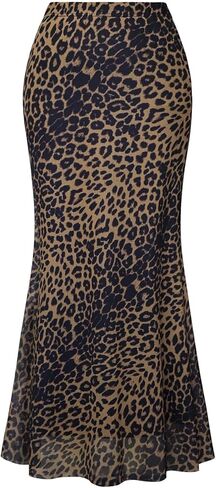 Women's Mesh Maxi Skirt Elastic High Waisted Flowy Bodycon Y2k Leopard Print Slim Fit Long Skirts for Women in Kuwait