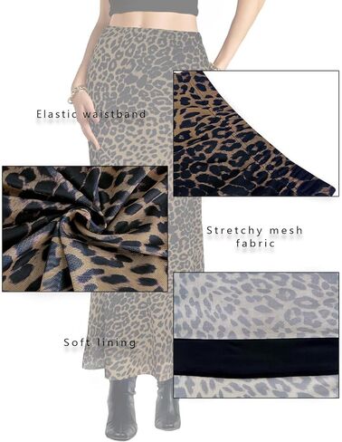 Women's Mesh Maxi Skirt Elastic High Waisted Flowy Bodycon Y2k Leopard Print Slim Fit Long Skirts for Women in Kuwait