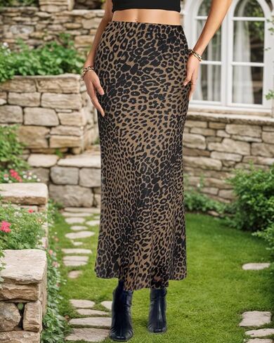Women's Mesh Maxi Skirt Elastic High Waisted Flowy Bodycon Y2k Leopard Print Slim Fit Long Skirts for Women in Kuwait