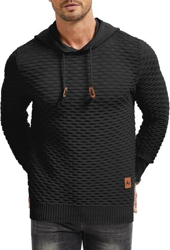 Men's Waffle-Knit Hooded Pullover Sweater Solid Color Hoodie with Adjustable Drawstrings & Leather Tag in Kuwait