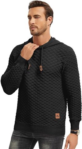 Men's Waffle-Knit Hooded Pullover Sweater Solid Color Hoodie with Adjustable Drawstrings & Leather Tag in Kuwait