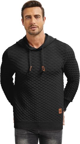 Men's Waffle-Knit Hooded Pullover Sweater Solid Color Hoodie with Adjustable Drawstrings & Leather Tag in Kuwait