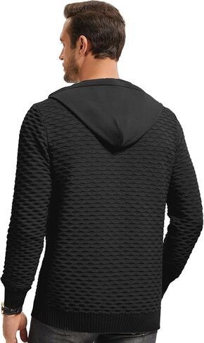 Men's Waffle-Knit Hooded Pullover Sweater Solid Color Hoodie with Adjustable Drawstrings & Leather Tag in Kuwait