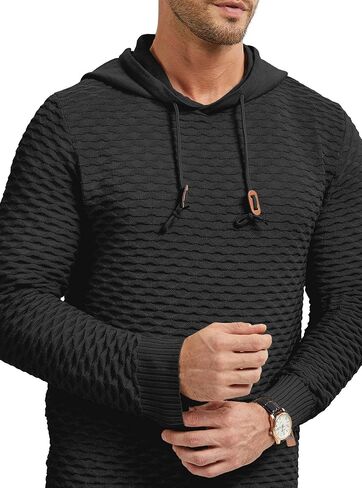 Men's Waffle-Knit Hooded Pullover Sweater Solid Color Hoodie with Adjustable Drawstrings & Leather Tag in Kuwait