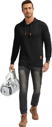 Men's Waffle-Knit Hooded Pullover Sweater Solid Color Hoodie with Adjustable Drawstrings & Leather Tag in Kuwait