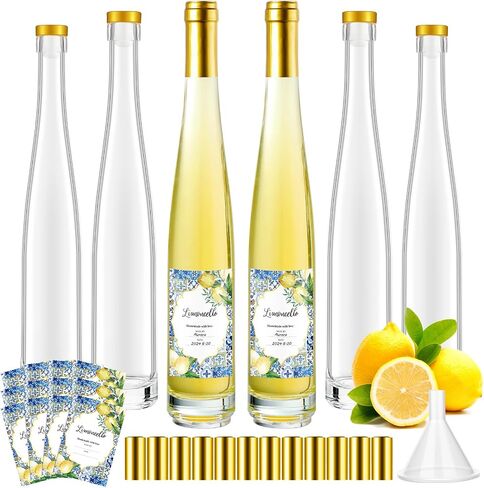 Maxcheck 6 مجموعة 11 أونصة 330 مل مجموعة زجاجات النبيذ الزجاجية Lemoncello مع ملصقات ملصقات محكمة الغلق وزجاجات الخمور الشفافة الفارغة مع غطاء لاستخراج المسكرات محلية الصنع مناسبة لتقديم الهدايا (الليمون) in Kuwait