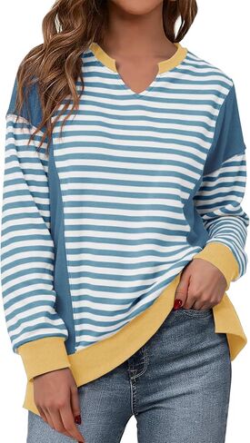 Glamaker Womens Striped Long Sleeve Sweatshirts Loose V Neck Fashion Winter Pullover Outdoor Comfort Fall Trendy Tops 2025 in Saudi Arabia