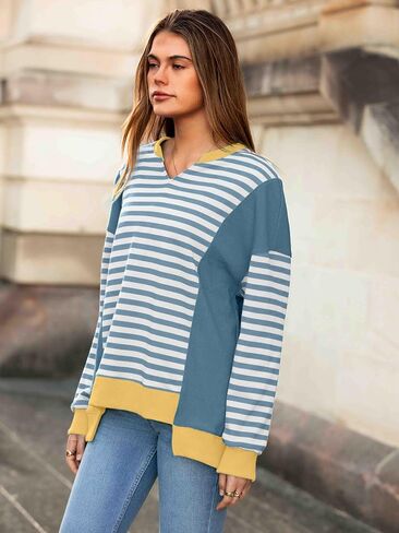 Glamaker Womens Striped Long Sleeve Sweatshirts Loose V Neck Fashion Winter Pullover Outdoor Comfort Fall Trendy Tops 2025 in Saudi Arabia