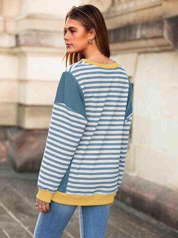Glamaker Womens Striped Long Sleeve Sweatshirts Loose V Neck Fashion Winter Pullover Outdoor Comfort Fall Trendy Tops 2025 in Saudi Arabia