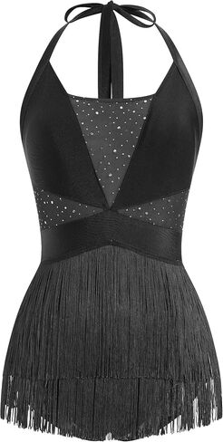 Women Halter Fringe Bodysuit Open Back Glitter Mesh Salsa Jazz Latin Dance Dress Sexy Concert Sparkly Tassel Outfits in Saudi Arabia