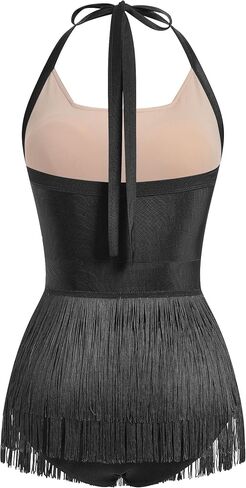 Women Halter Fringe Bodysuit Open Back Glitter Mesh Salsa Jazz Latin Dance Dress Sexy Concert Sparkly Tassel Outfits in Saudi Arabia