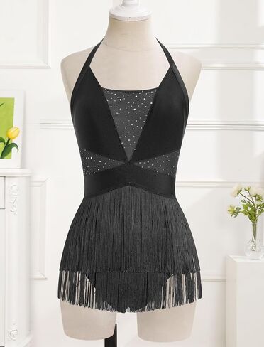Women Halter Fringe Bodysuit Open Back Glitter Mesh Salsa Jazz Latin Dance Dress Sexy Concert Sparkly Tassel Outfits in Saudi Arabia