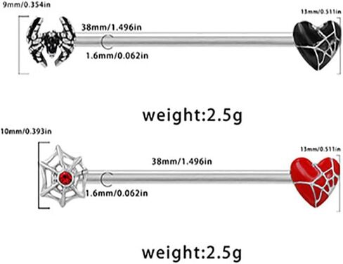 2Pcs 14G Heart Spider Web Industrial Barbell Earrings for Women Men 38mm 1&1/2 Inch Long Stainless Steel Cartilage Industrial Bar Couples Industrial Piercing Jewelry in Saudi Arabia