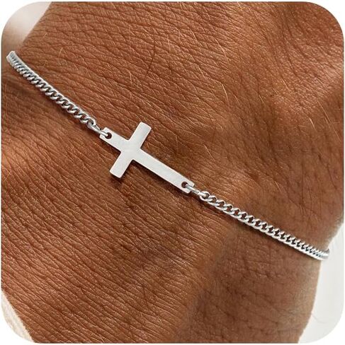 Silver, Gold, Black Cross Bracelet for Men & Teens – 5mm Stainless Steel Cuban Chain Link – 7"+2" Adjustable Christian Religious Jesus Jewelry Gift for Him (Confirmation, Baptism) in Kuwait