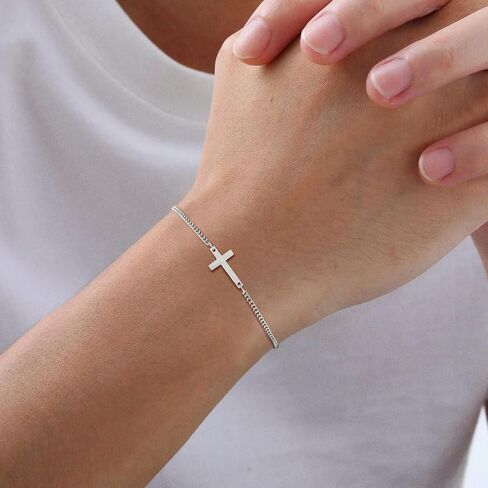 Silver, Gold, Black Cross Bracelet for Men & Teens – 5mm Stainless Steel Cuban Chain Link – 7"+2" Adjustable Christian Religious Jesus Jewelry Gift for Him (Confirmation, Baptism) in Kuwait
