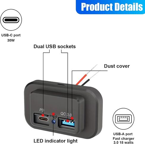 12V 24V RV USB Outlet, QC3.0 USB A Port & PD Type-C Quick Charge Outlet, Dual Ports Socket Panel Wall Mount, Automotive Charger Power Adapter for Car RV Marine Boat Motorcycle Truck (1PC) in Saudi Arabia