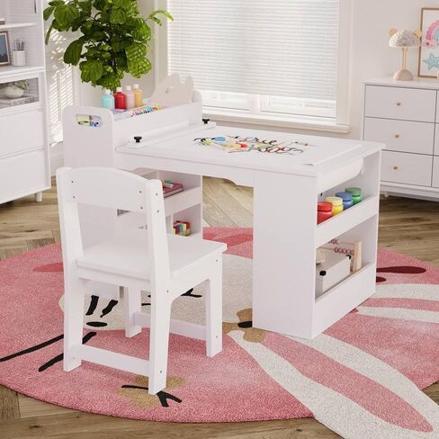 Kids Art Table with 2 Chairs, Toddler Craft Play Wood Activity Desk with Large Storage Shelves for Writing Drawing,Nursery, Children's Wooden Furniture for Classroom Daycares,Home in Kuwait