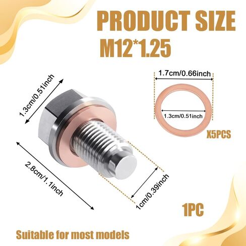 M12x1.25 قابس تصريف الزيت المغناطيسي، قابس تصريف وعاء الزيت، مسمار صواميل من الفولاذ المقاوم للصدأ مع 5 غسالات سحق نحاسية، استبدال قابس تصريف زيت محرك السيارة المقاوم للتسرب لمعظم المركبات in Saudi Arabia