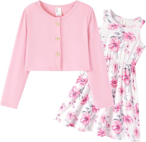 PATPAT Baby Girls Dress and Cardigan Sets 2 PCS Infant Girl Floral Print Sleeveless Dress and Long Sleeve Cardigan Set in Kuwait