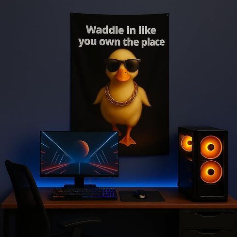 Funny Duck Tapestry – “Waddle In Like You Own the Place" Meme Wall Decor for Dorm, Bedroom, Door – Cool Lazy Kingdom Poster for Teens, Gamers, College Gifts, 29x37 Inch in Saudi Arabia