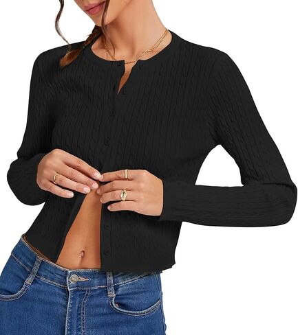 Women's Cropped Cable Knit Cardigan Short 2025 Fall Long Sleeve Lightweight Button Up Sweater in Saudi Arabia
