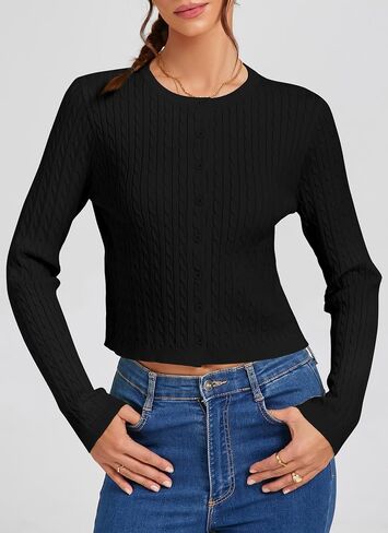 Women's Cropped Cable Knit Cardigan Short 2025 Fall Long Sleeve Lightweight Button Up Sweater in Saudi Arabia