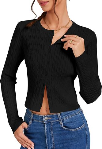 Women's Cropped Cable Knit Cardigan Short 2025 Fall Long Sleeve Lightweight Button Up Sweater in Saudi Arabia