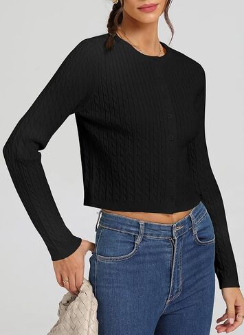 Women's Cropped Cable Knit Cardigan Short 2025 Fall Long Sleeve Lightweight Button Up Sweater in Saudi Arabia