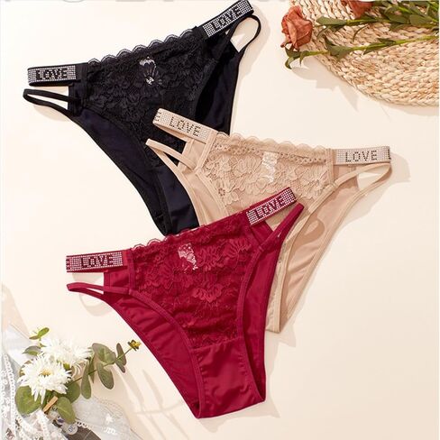 Women's Rhinestone Letter Tape High Waist Panty,Lace Underwear,Seamless Stretch Briefs in Saudi Arabia