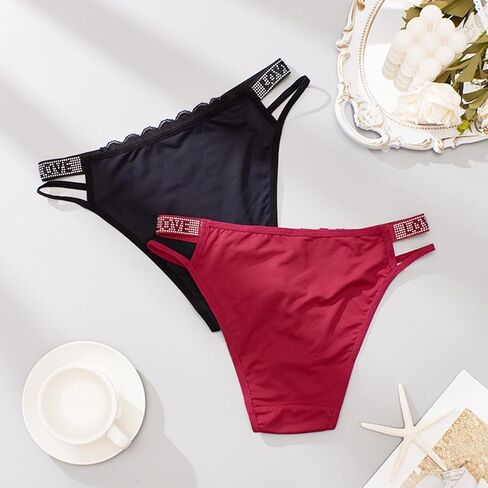 Women's Rhinestone Letter Tape High Waist Panty,Lace Underwear,Seamless Stretch Briefs in Saudi Arabia