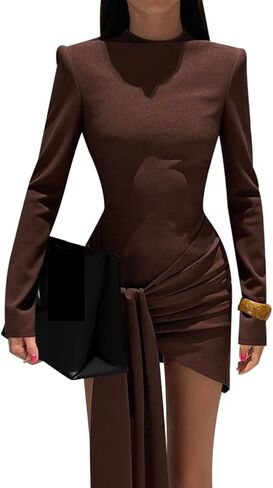 HENGEN 2025 Autumn/Winter Long Sleeve Commuter Style Float Belt Half High Collar Slimming Bottom Dress in Kuwait